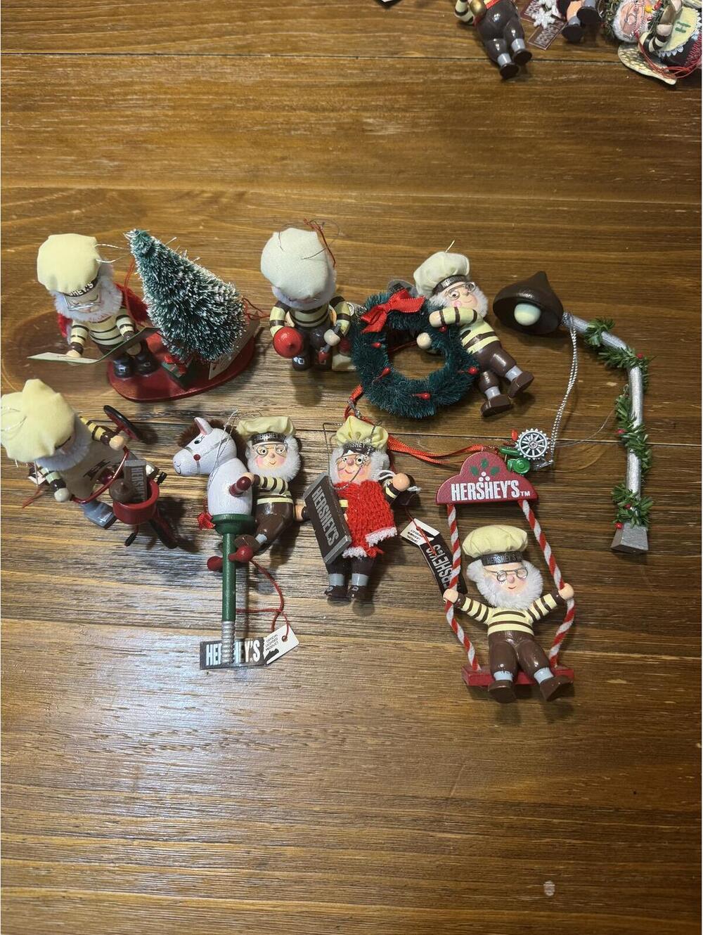Vintage Hershey’s Wooden Christmas Ornament Lot 9 Santa Elves Tags HTF